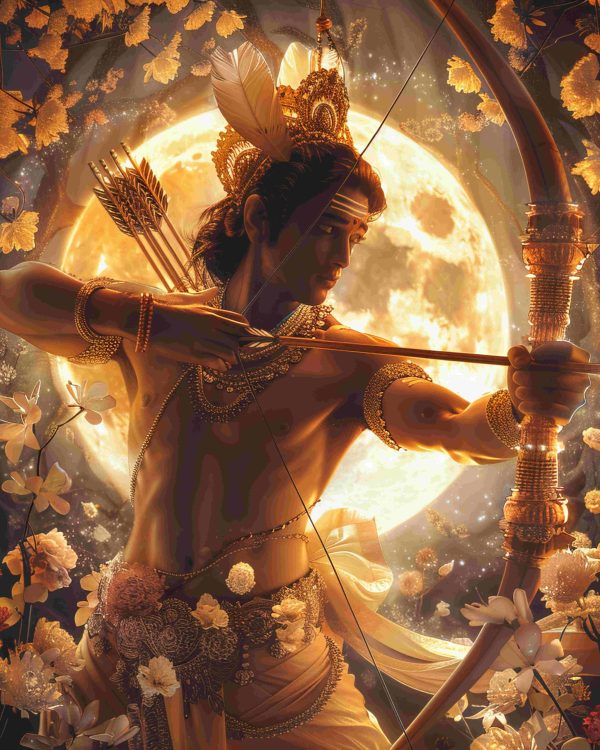 Stock photo of Ram Navami photo with bow and arrow, with divine look, with golden rays in the background, with full moon, with flowers around him, with divine light on his face, in hyper realistic style, --ar 1:1 --s 150 --v 6.0