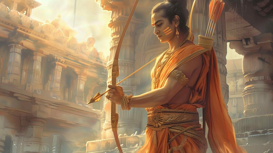 An ultra realistic full body portrait of Lord Rama with a bow and arrow, golden in his hand holding the "Aaradhan" or large gold ring on it. He is standing under sunlight in a standing pose with a godly aura around him. The background features a temple with pillars and god rays coming from behind. Most detailed features and a very high resolution image, --ar 3:2 --s 250 --v 6.0 --style raw